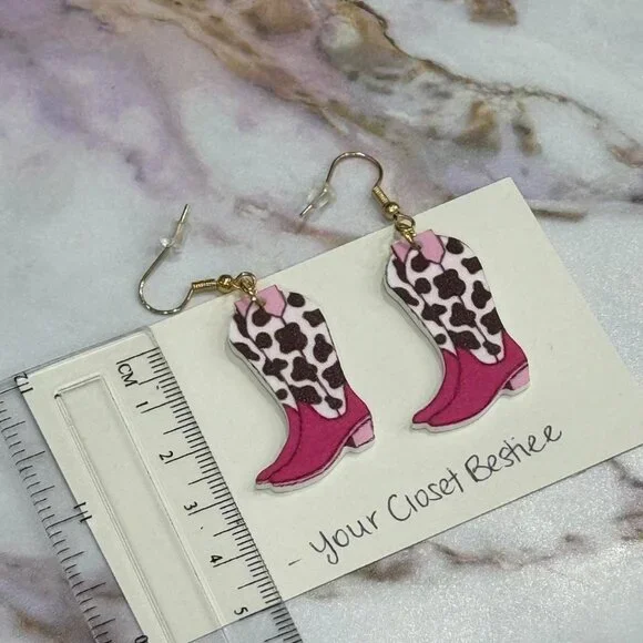 Pink and black cow print cowboy boot earrings - NEW handmade acrylic 2D earrings - Picture 2 of 4